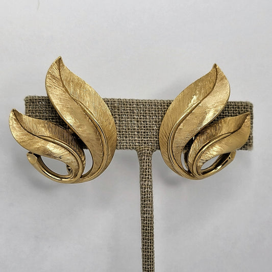1960s Crown Trifari Brushed Leaf Earrings